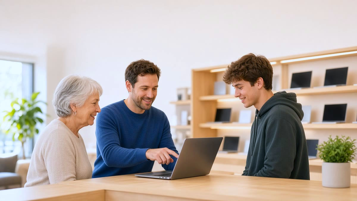 Técnico aconsejando a clientes en la tienda